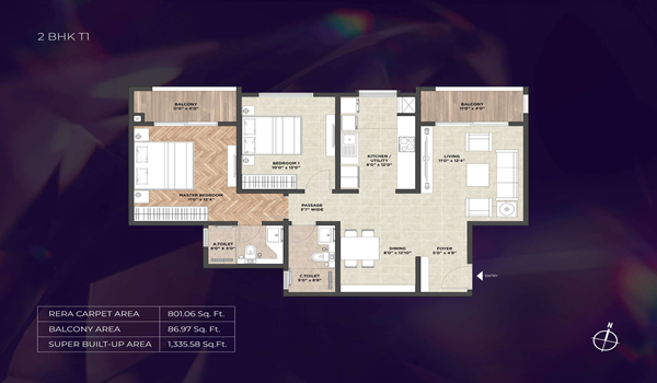 Purva Heritage 2 BHK Floor Plan Type 1
