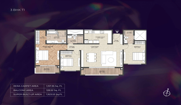 Purva Heritage 3 BHK Floor Plan Type 1