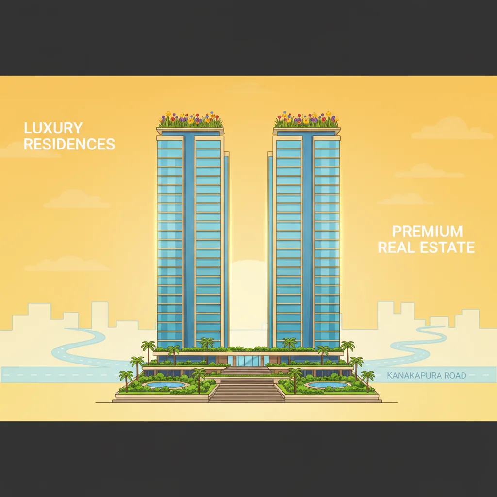 Modern luxury residential high-rise towers on Kanakapura Road Bangalore, 27-story building with glass facade, lush green podium gardens and wildflower green roof