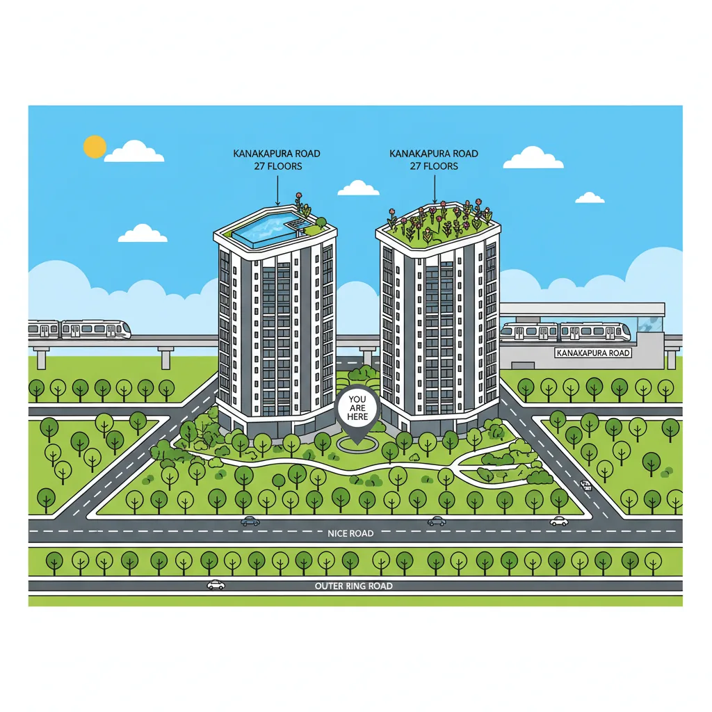 Modern residential apartment towers with 27 floors on 6 acres of green landscape, rooftop infinity pool visible, wildflower green roof garden, located on Kanakapura Road South Bangalore