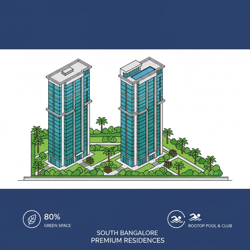 Modern luxury residential high-rise towers with 27 floors, lush green landscaped gardens and rooftop swimming pool at Purva Heritage in South Bangalore
