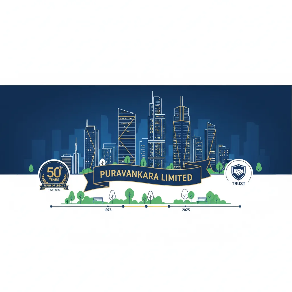 Puravankara Limited - Professional infographic showing Bangalore skyline with luxury residential towers representing 50 years of legacy