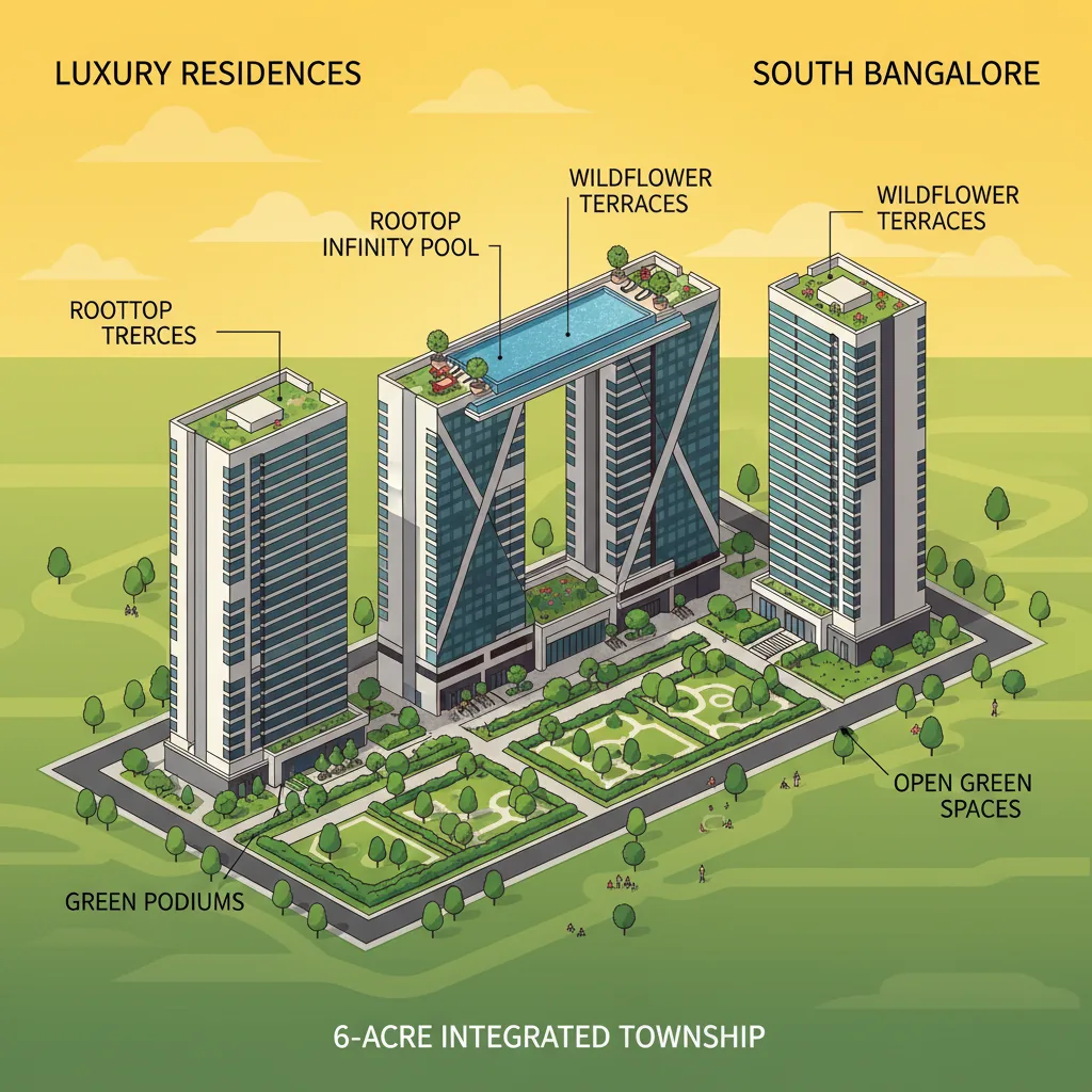 Purva Heritage luxury apartment towers in South Bangalore at golden hour with rooftop infinity pool and green spaces